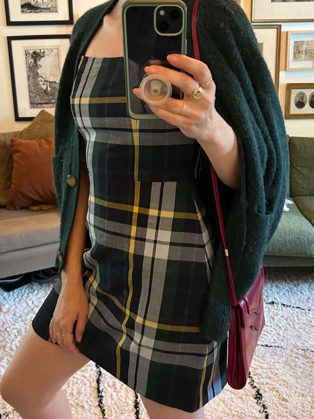 Aritzia Plaid Square-Neck Mini Dress in Forest Green